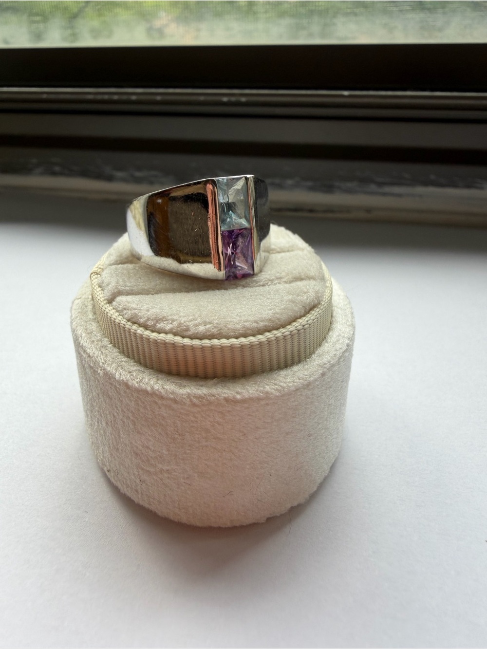 Silver Two-Gem Blue & Purple Ring Size 9 Chunky Modernist Statement Cocktail - Picture 2 of 8